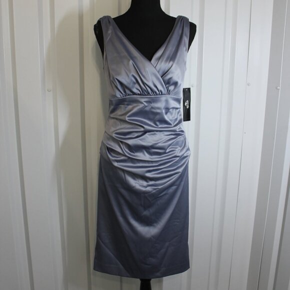 Suzi Chin Dresses & Skirts - Suzi Chin Womens Silver Satin Stretch V Neck Ruched Waist Dress Size 8 NWT